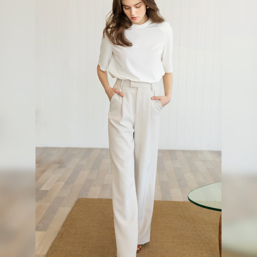 J.ING Cream High-Waist Wide-Leg Trousers